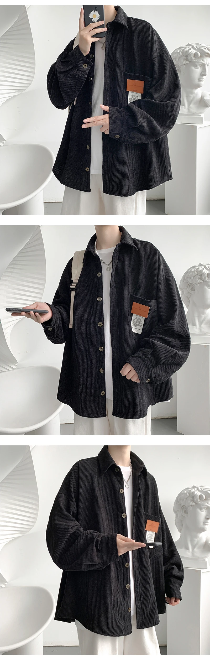 2026 Neue Herren-Cordhemden Lässige Mode Einfarbig Herbst Locker Sitzende Streetwear-Hemden für Männer Japanischer Vintage-Stil Bluse – Detail 4