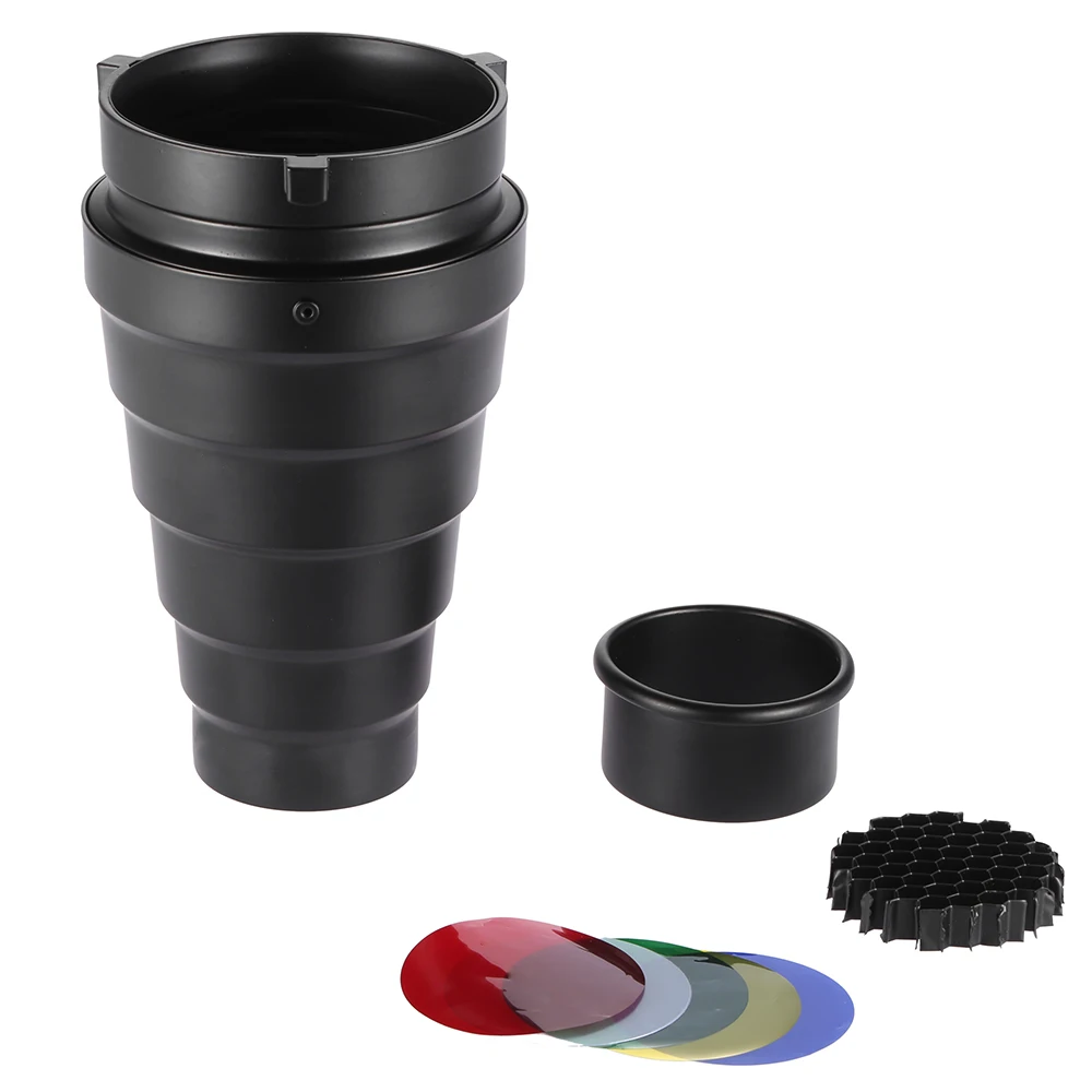 Photography Flash Snoot Kit Andoer Metal Conical 5pcs Color Filter Honeycomb Grid for Bowens Mount Studio Strobe