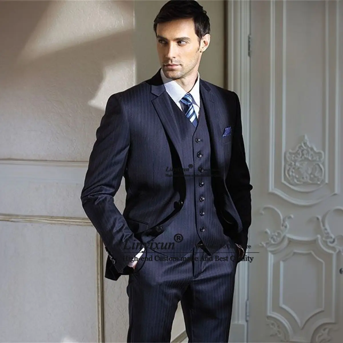 

Handsome Stripe Mens Wedding Suit Groom Tuxedos Business Office Slim Blazer Masculino 3 Piece Set Trajes Elegante Para Hombres