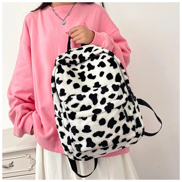 Plush Leopard Backpack Teenagers School Bag Large Capacity Fashion Students Bookbag Stylish Shoulder Backpack TravelOutdoor 2025