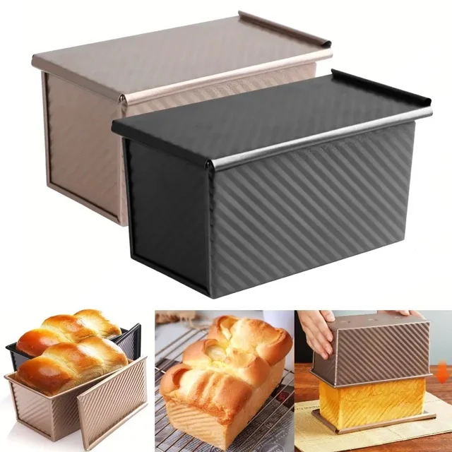 Rectangle Pullman Loaf Pan with Lid 1lb Non-Stick Bread Baking Pan Carbon Steel Corrugated Toast Box Toast Mold for Oven Baking 2