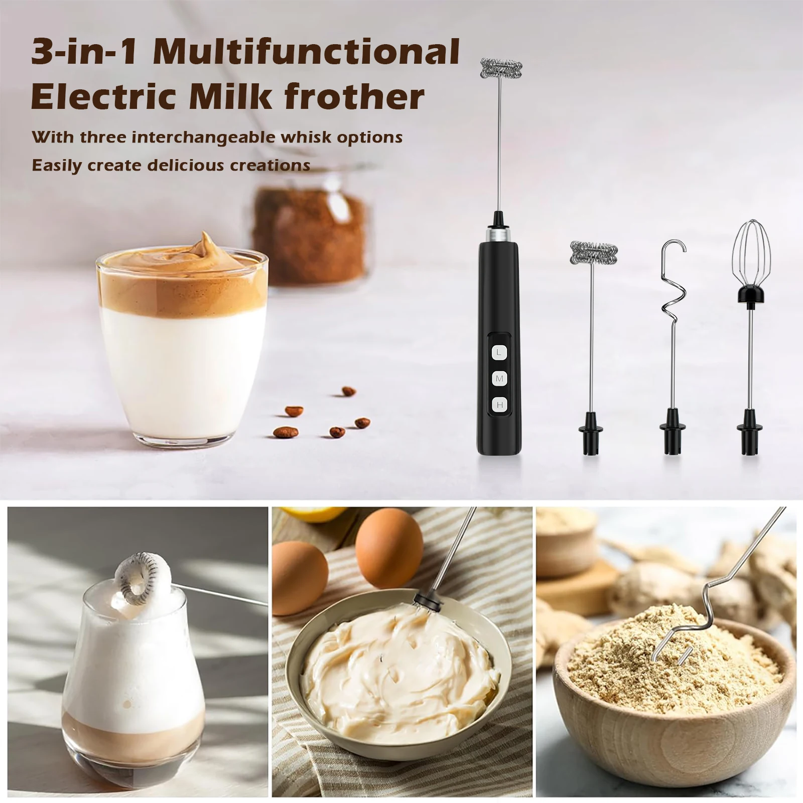 3-in-1 electric milk frother, 3-speeds power adjustablehandheld portable electric mixer, placed base Type-C charging