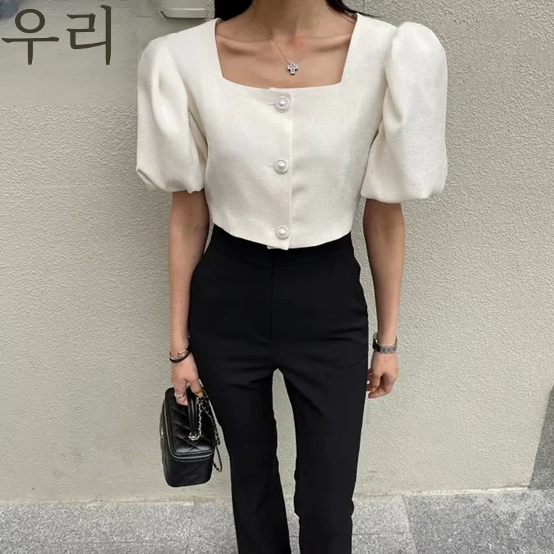 Women T-shirt Korea Graceful Outerwear 2024 French Retro Sweet Square Collar Puff Sleeve Single-Breasted Short Chic Top Jacket