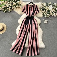 Gentle Women Jumpsuit Stripe V Neck Sleeveless 2024 Lace Up Bow High Street Korean Style Summer Long Senior Rompers - Image 4