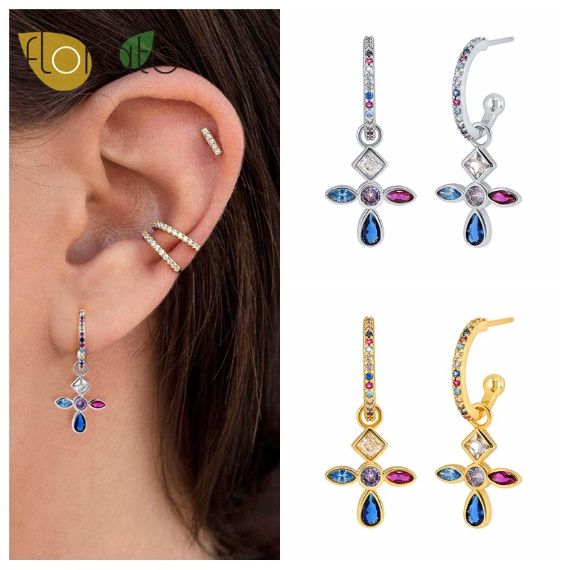 

925 Sterling Silver Needle Fashion Tassel Colorful Crystal Zircon Pendant Hoop Earrings for Women Wedding Party Jewelry Gifts