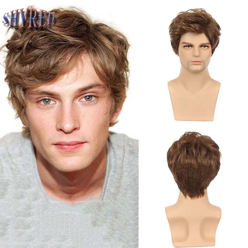 

Synthetic Short Brown Curly Wig With Bangs For Men Heat-resistant Cosplay Daily Party Fake Hair