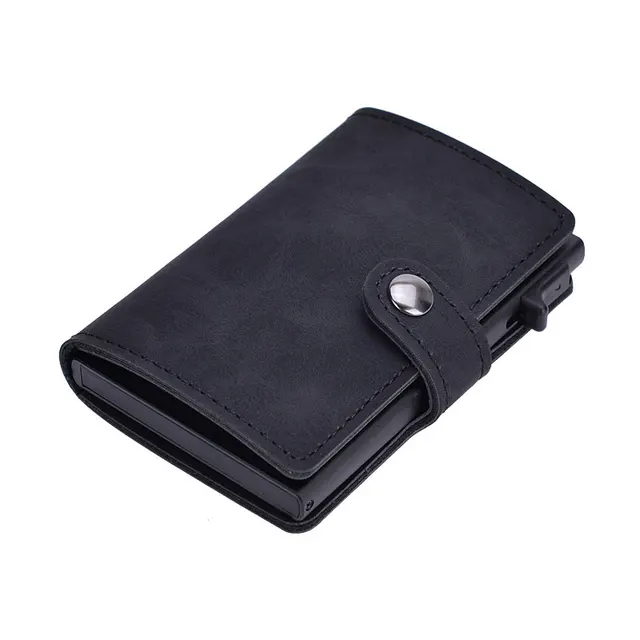 Blocking Vintage Men Credit Card Holder Aluminum Alloy Business ID Card Case Automatic Male Metal Leather Cardholder Wallet 2021 BLACK