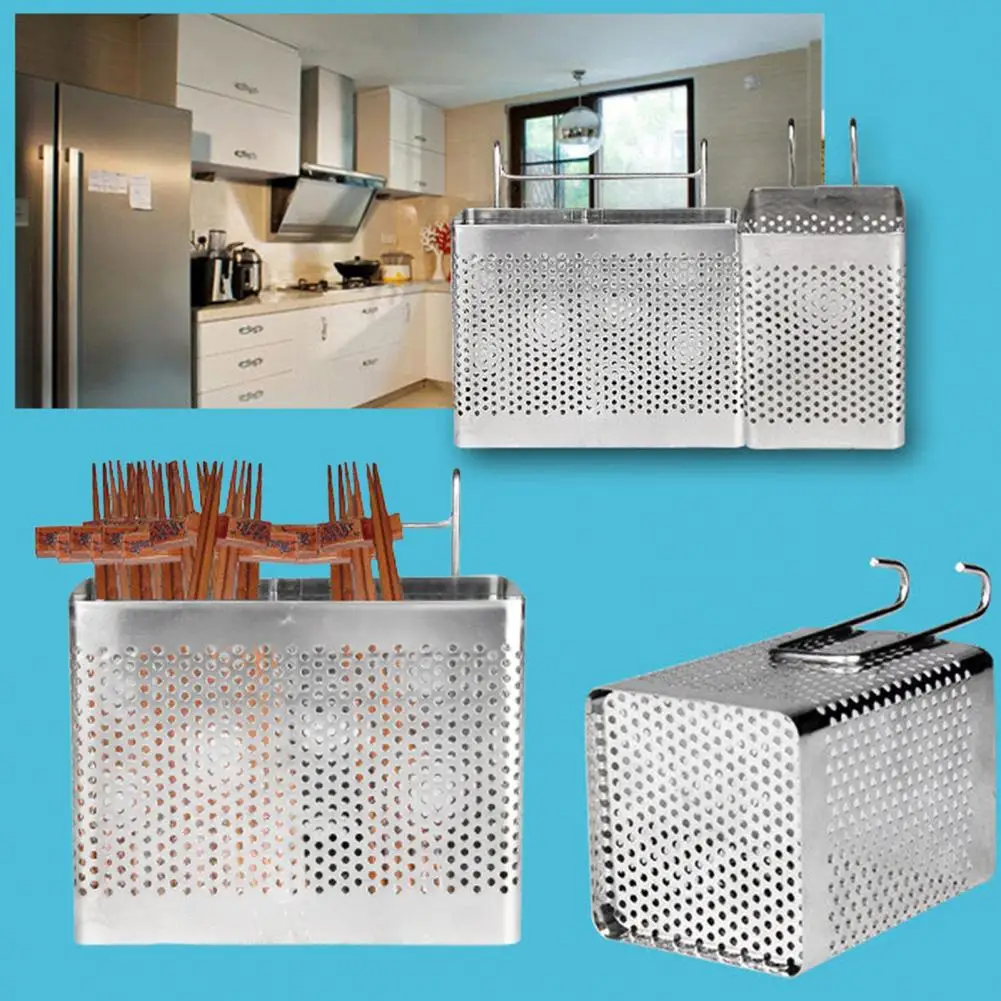 Tableware Drainer Chopsticks Holder with Hanging Hooks Space-Saving Stainless Steel for Kitchen
