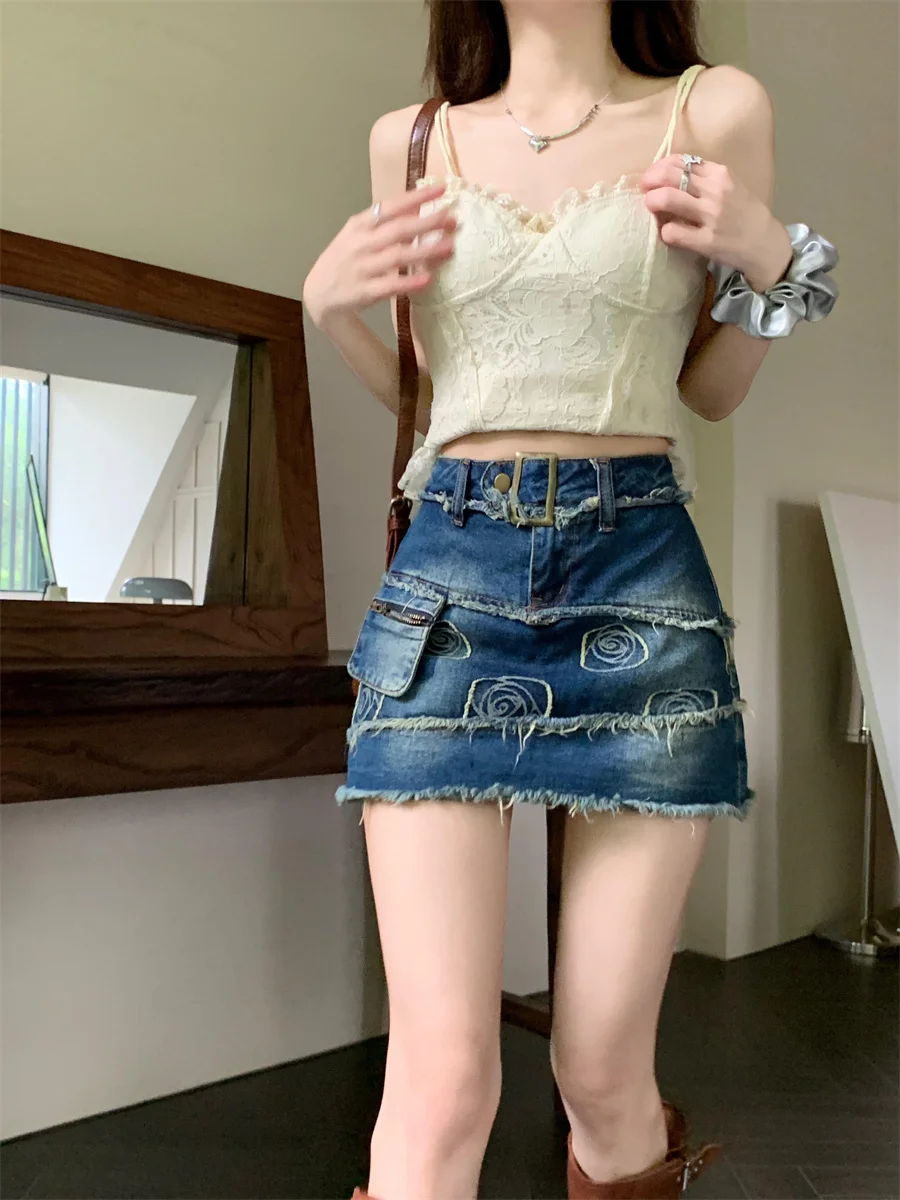 

Slergiri High Waist Frayed Hem Jean Short Skirts Women Summer Streetwear Fashion Y2K Retro Washed A-line Denim Mini Skirts
