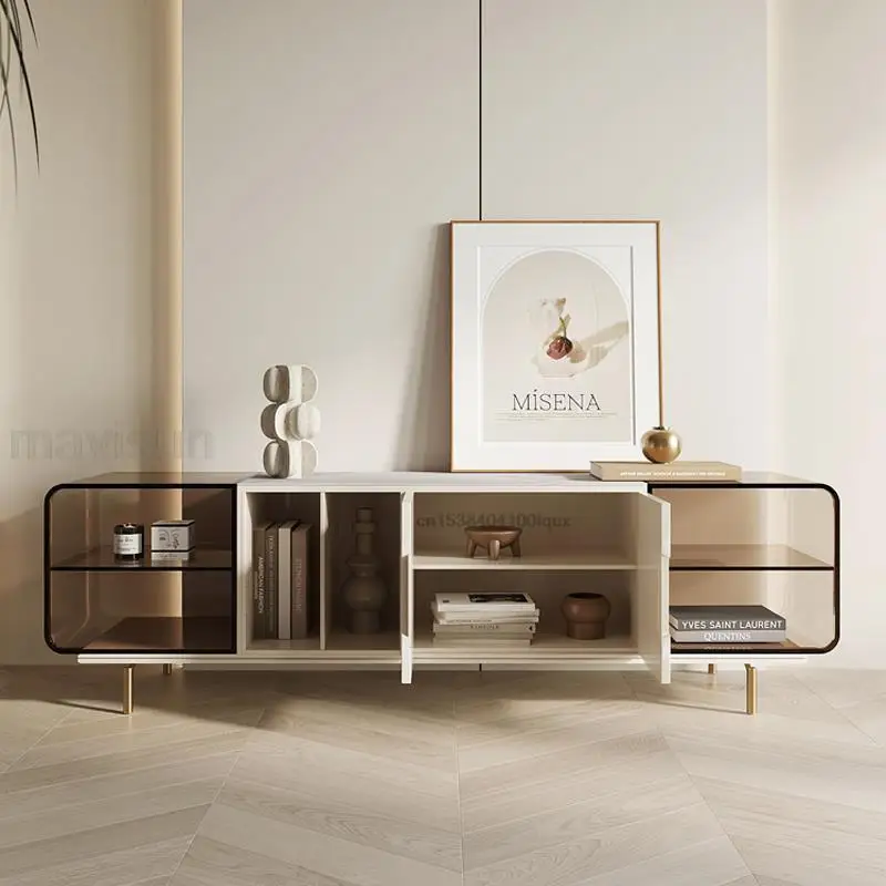 

Acrylic TV Stands for Living Room Rock Board Countertop Large Storage Space Fashionable White Coffee Table And TV Cabinet Set