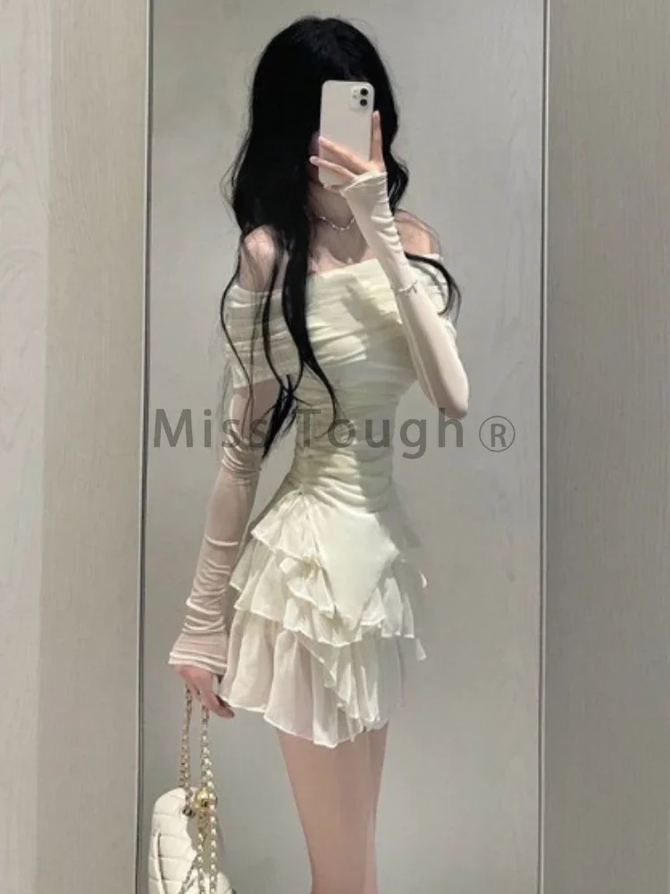 Frence Fairy Two Pieces Set Women Slash Neck Elegant Slim Party Skirt Suit Female Korean Sexy Tops + Sweet Cake Skirts 2024 New