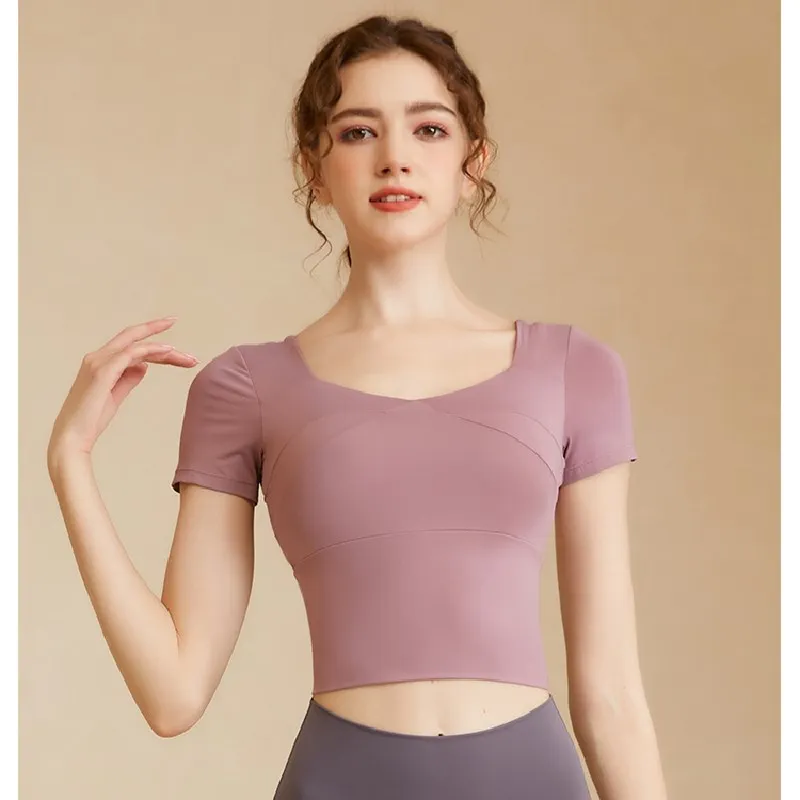 Women's Sports T-shirt Quick Dry Breathable Workout Training Short Sleeve Yoga Crop Top Fitness Gym Slim Clothes With Chest Pad