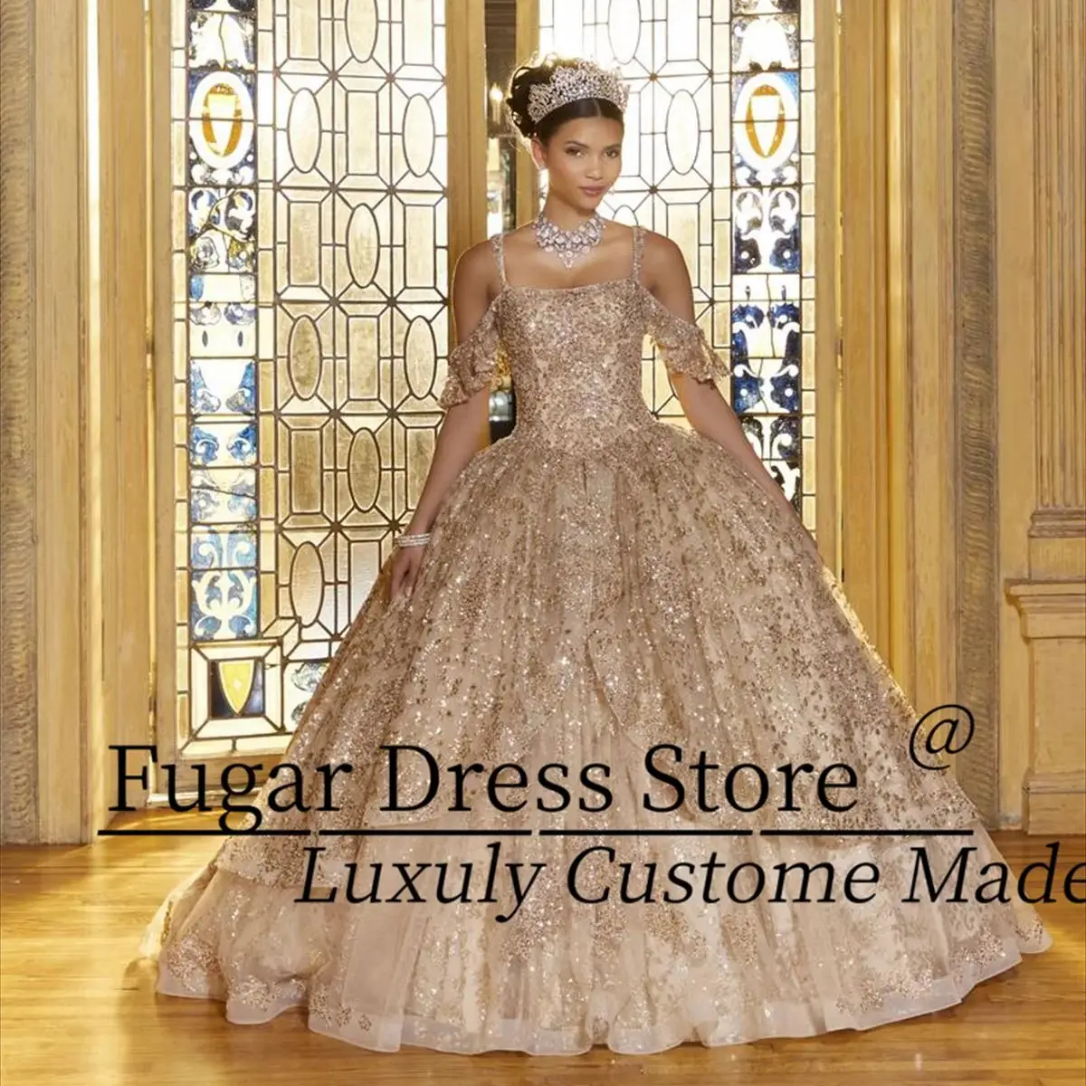 Quinceanera Dresses Off Shoulder Square Neckline Sparkle Glitter Sticker Sweet Party Ball Gown