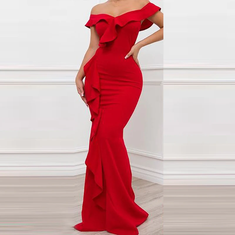 

Female Slash Neck Solid Color Bodycon Dress Women Off Shoulder Ruffles Party Dress Fashion Irregular Slim Cocktail Evening Dress