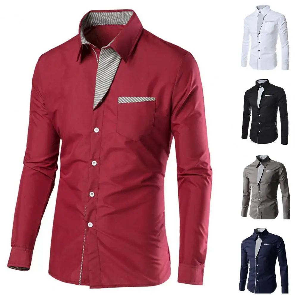 Stylish Men Top Color Block Soft Autumn Winter Turndown Collar Contrast Color Shirt