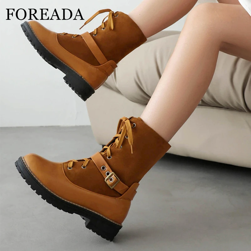 

FOREADA Women Ankle Short Boots Round Toe Block Mid Heels Buckle Lace-up Combat Boots Ladies Fashion Shoes Winter Black Brown 43