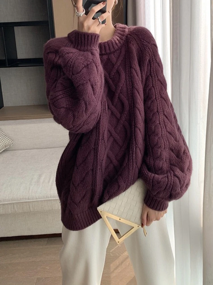 

Fashion Tops 2023 Women Sweater Autumn Winter New Round Neck Loose Long Sleeve Ribbed Pullover Oversized Sweater Retro Solid
