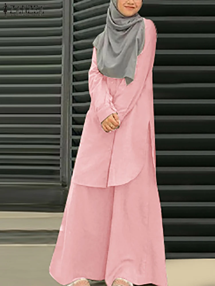 

Autumn Tracksuits Fashion Muslim Sets Women Long Shirt &Wide Leg Pant ZANZEA Female Blouse Suit Trouser Casual Matching Sets