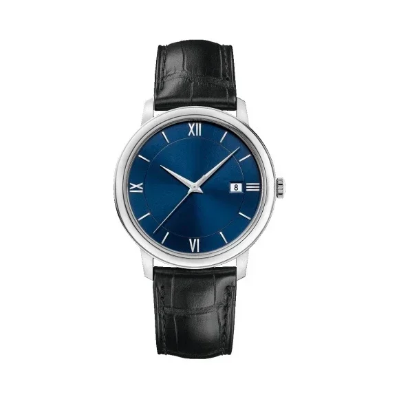 

Luxury New Mens Mechanical Watch Automatic Simple Stainless Steel Black Leather Blue Rome Dial