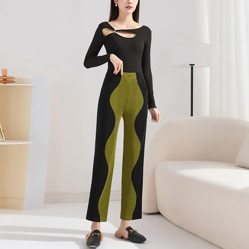 Autumn and Winter High Waist Drooping Casual Straight Pants Women's 2022 New Fashion Pleated Color Block Skinny Thick Trousers