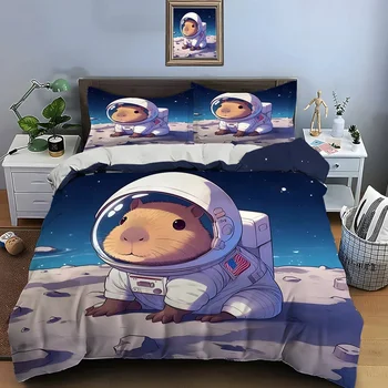 Set di biancheria da letto con stampa capibara simpatico cartone animato Copripiumino 1 copripiumino 2 federe Set di biancheria da letto per adulti e bambini Regali di Natale 1