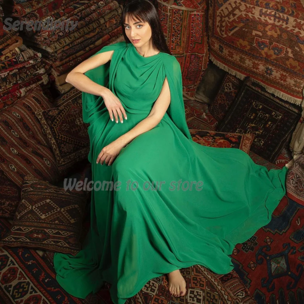 

Serendipity Simple A-Line Elegant Floor-Length Saudi Arabia Evening Dress O-Neck Cap Sleeve Green Prom Gown For Sexy Women