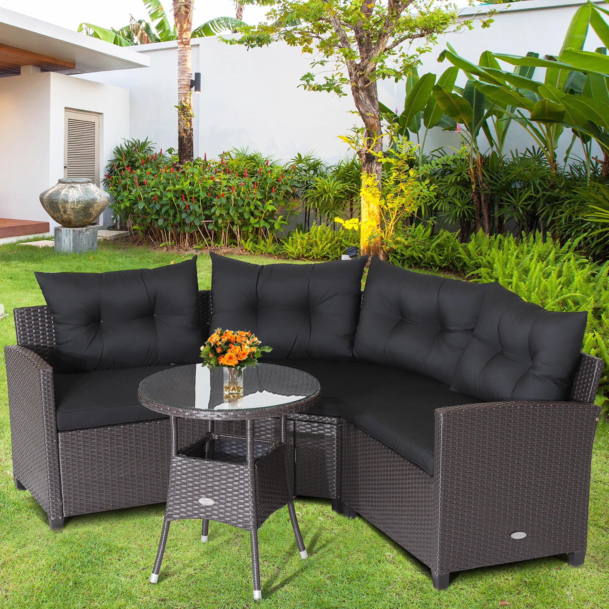 4PCS Patio Rattan Furniture Set Cushioned Sofa Glass Table Garden Black
