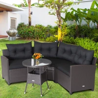 4PCS Patio Rattan Furniture Set Cushioned Sofa Glass Table Garden Black