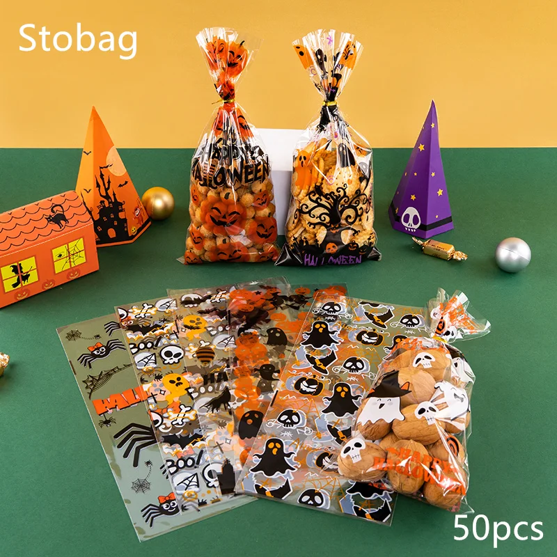 

StoBag-Halloween Plastic Gift Bags for Kids Candy Chocolate Cookie Bread Cake Snack Food Biscuits Packaging Children Party 50Pcs