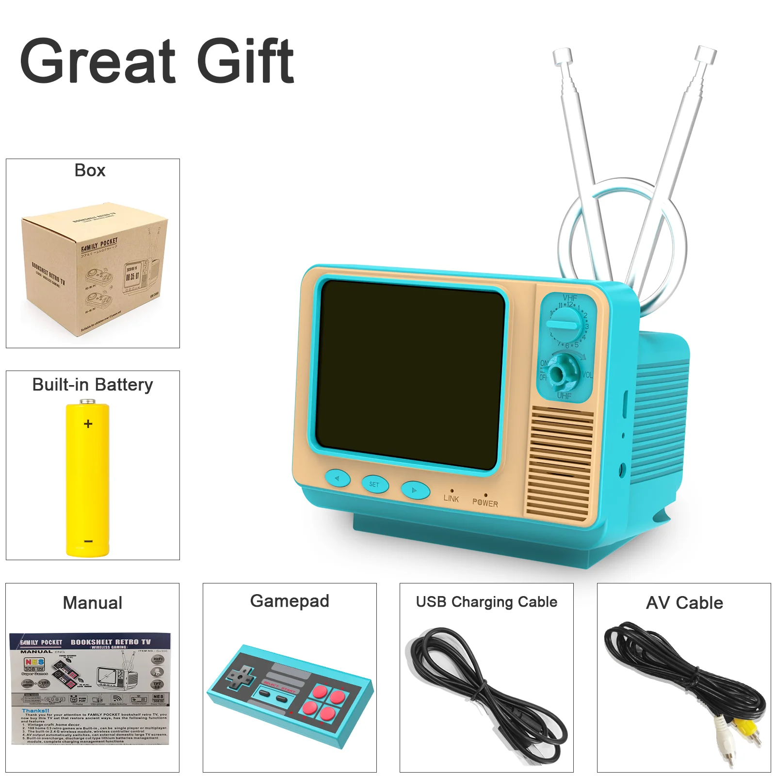 E-MODS GAMING Retro Games Console GV300S Mini TV Style 308 Video Games  Player with Handheld Gamepad & AV Output - 3.0 Inch Screen Electronic Games