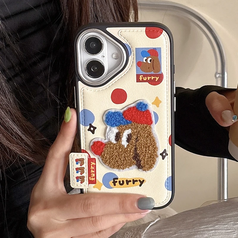 Cute Cartoon Embroidery Bear Dog Leather Case For iPhone 13 14 15 16 Pro Max Lovely Soft Silicone Phone Cover