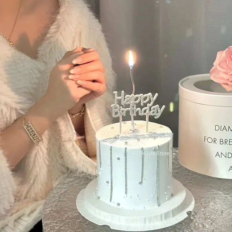 3.35in Golden silvery Iron material party decoration 1pc Happy Birthday Diamond Cake Topper Cupcake Top