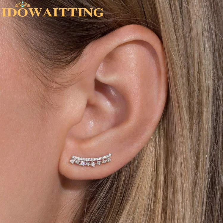 100% 925 Sterling Silver Minimal Delicate Jewelry Gold Plated Sparking Clear Cz Cluster Long Climber Multiple Elegant Earring