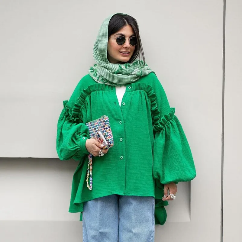 

Middle East Muslim Womens Shirts Fall/Winter 2023 New Fashion Loose Plus Long Sleeve Petal Shirt for Women