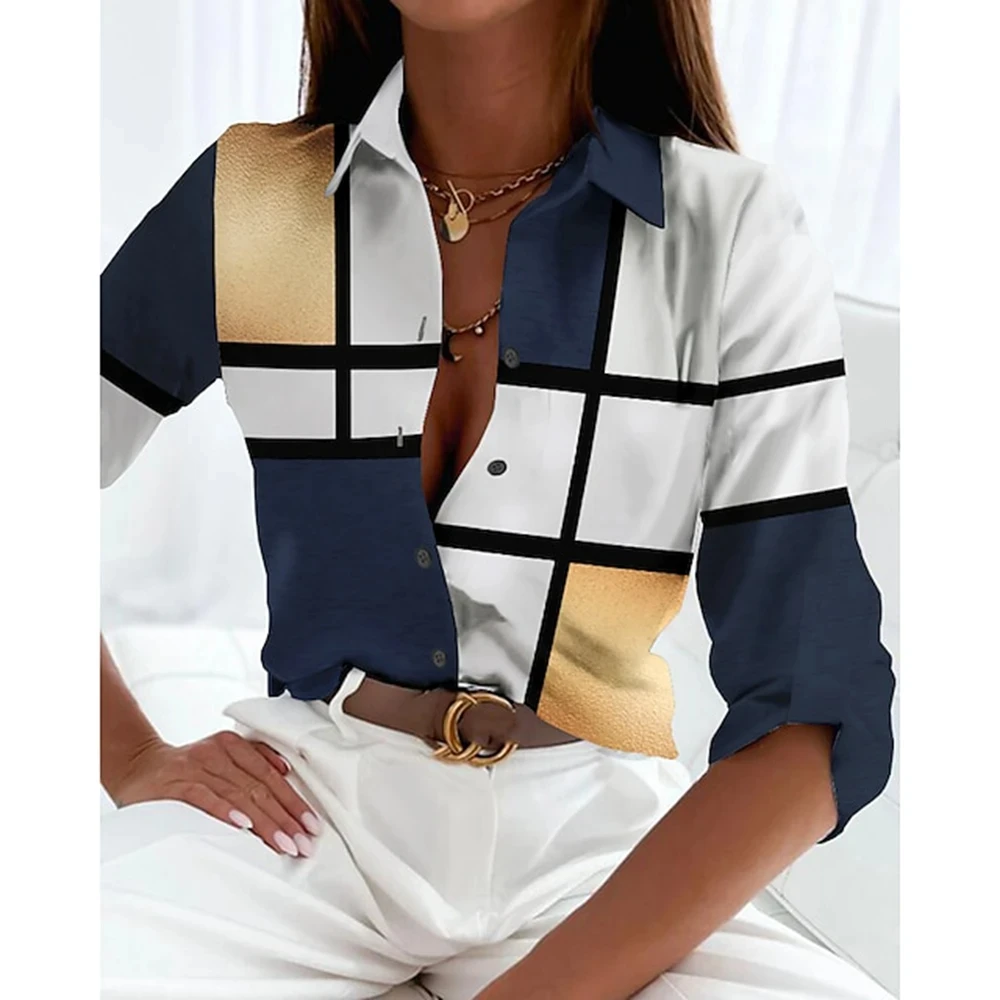 Summer New Women's Shirt Fashion Plaid Button Digital Printing Long Sleeve Elegant Daily 2024 European and American Shirt
