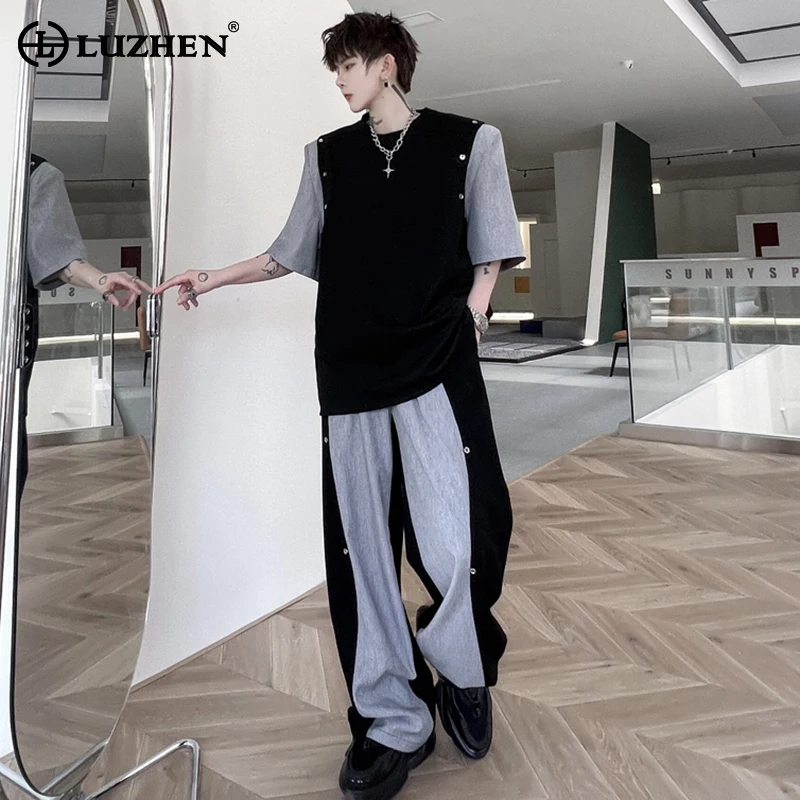 

LUZHEN Color Contrast Design Two-piece Sets Men's 2024 New Fashion Street Loose Straight Sweatpants Short Sleeve T-shirts LZ2067