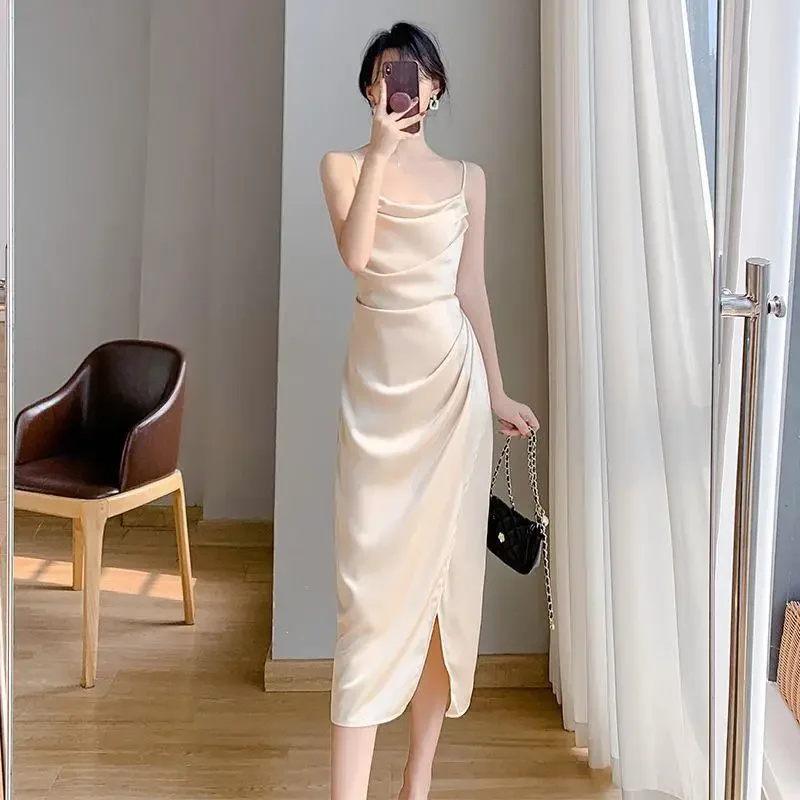 High-end Feel French-style Slimming Tank Dress 2024 Summer Waist-fitted Medium-length A- line Skirt Sleeveless Side Slit - Image 2
