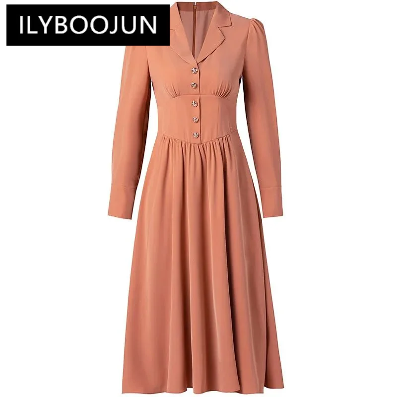 

Модное женское весеннее платье ILYBOOJUN 2024 с воротником-костюмом и длинными рукавами на пуговицах в стиле пэчворк элегантное приталенное офисное женское платье с завышенной талией