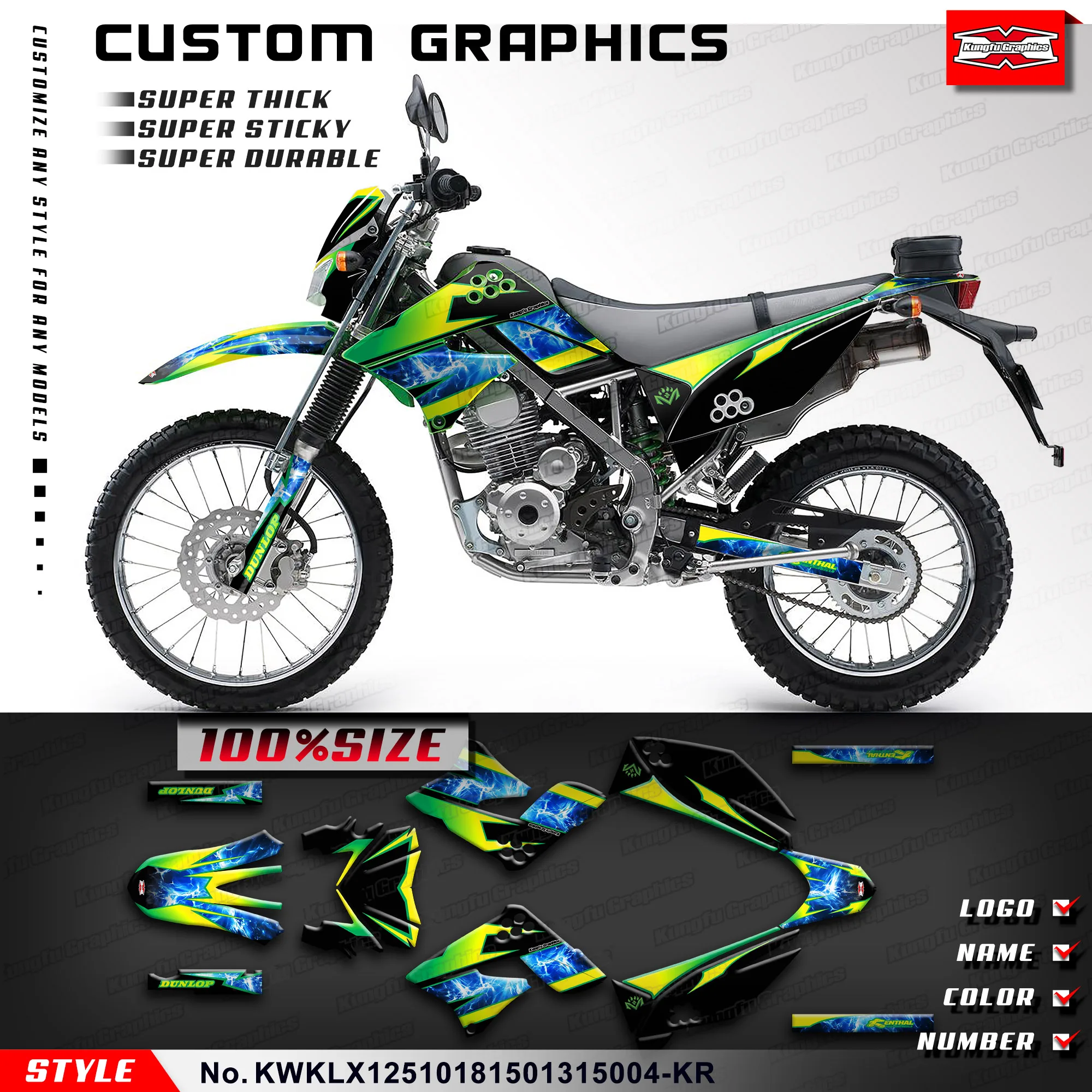 

KUNGFU графические внедорожные наклейки MX Набор наклеек для Kawasaki KLX125 KLX150 2010 2011 2012 2013-2018, KWKLX12510181501315004-KR