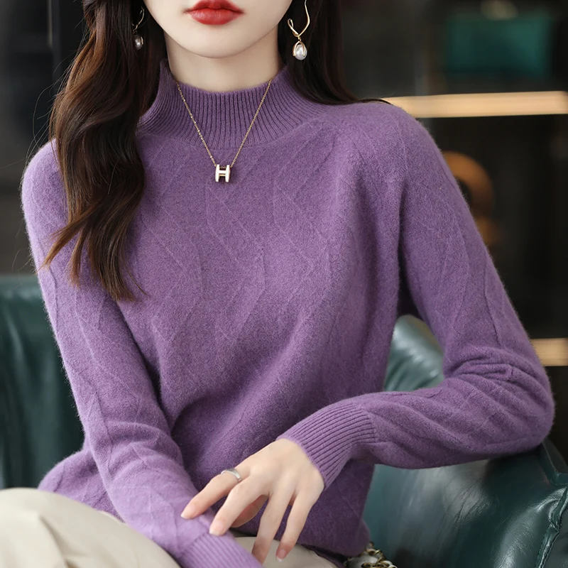 

Autumn and winter new 100% pure wool sweater women's half turtleneck pullover fashion loose solid color knitted sweater women
