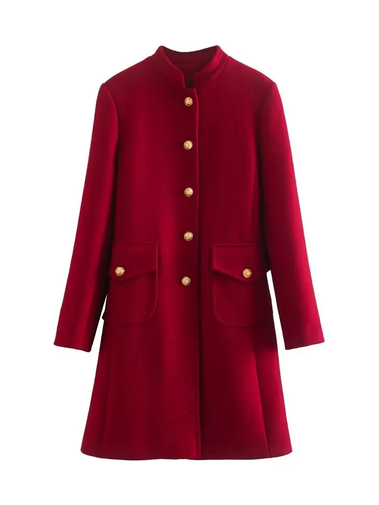 

BBWM 2022 New Women Autumn Red Mid-Length Woolen Coat Vintage Long Sleeve Single Breasted Flap Pocket Female Chic Coat