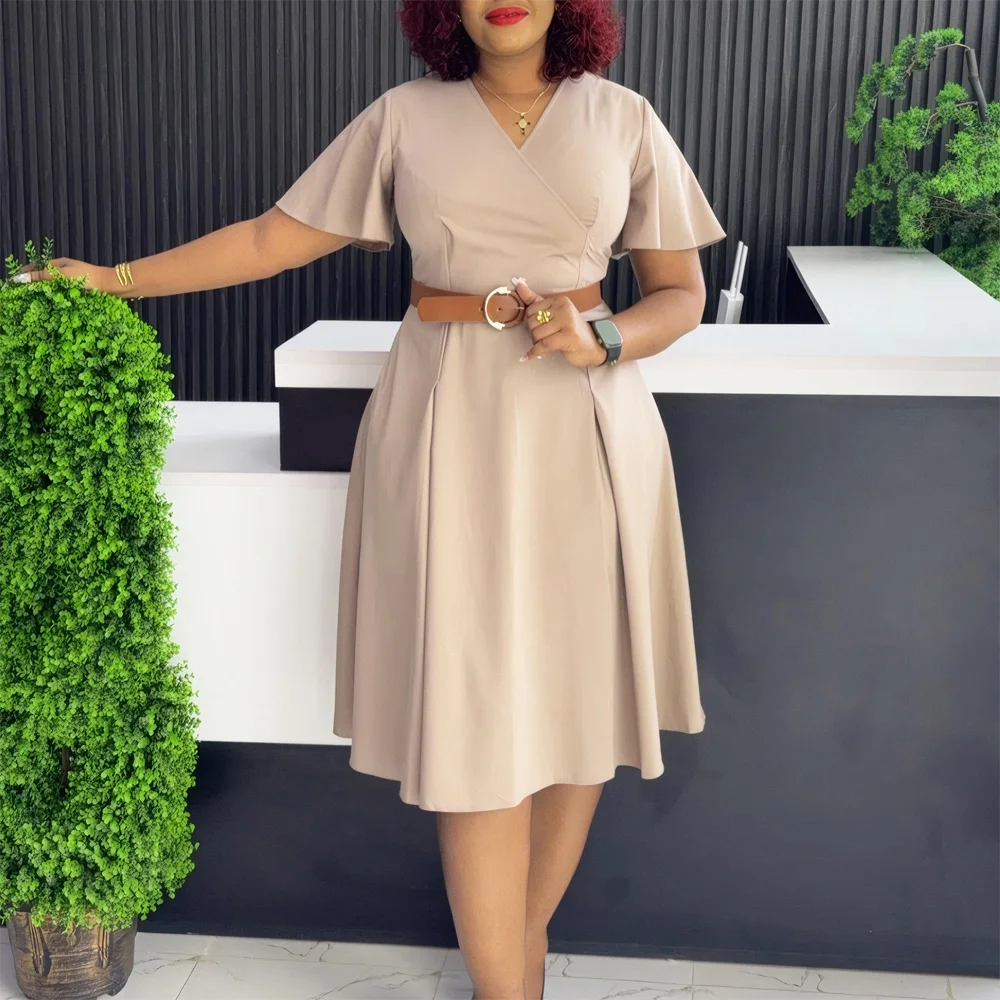 Fashion African Dresses for Women V Neck Short Sleeve Belt Waisted Pleated Mid Calf Elegant Ladies Birthday Party Dinner Dress