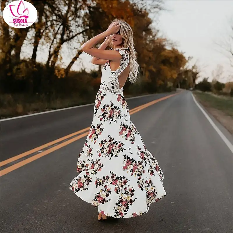 

Lady Summer Deep V Neck Long Maxi Dresses Open Back Party Bohemian Vestidos Woman Boho Backless Irregular Floral Pinted Vestidos