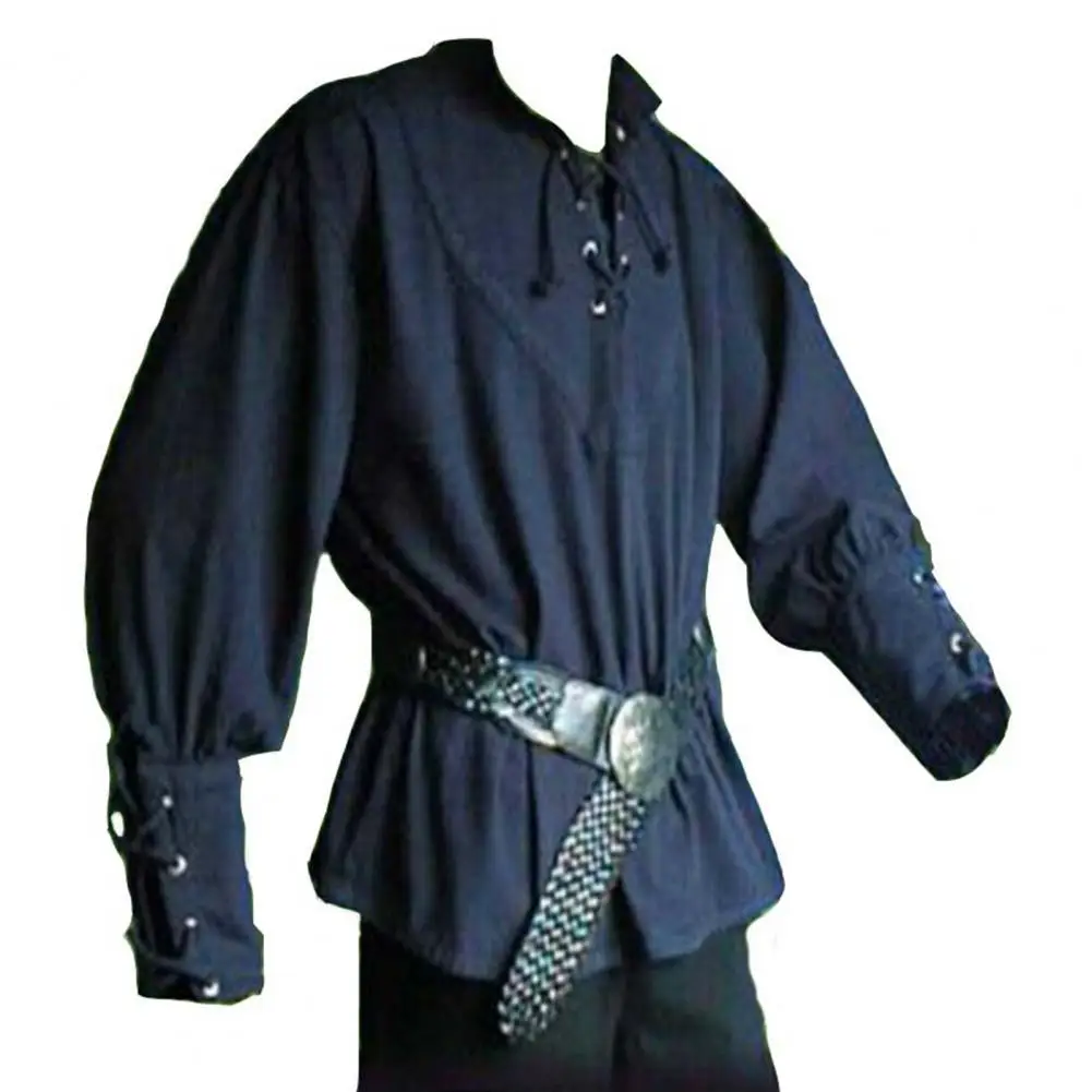 Men Casual Shirts Medieval Renaissance Long Sleeve Bandage Halloween Landlord Knight Vintage Cosplay