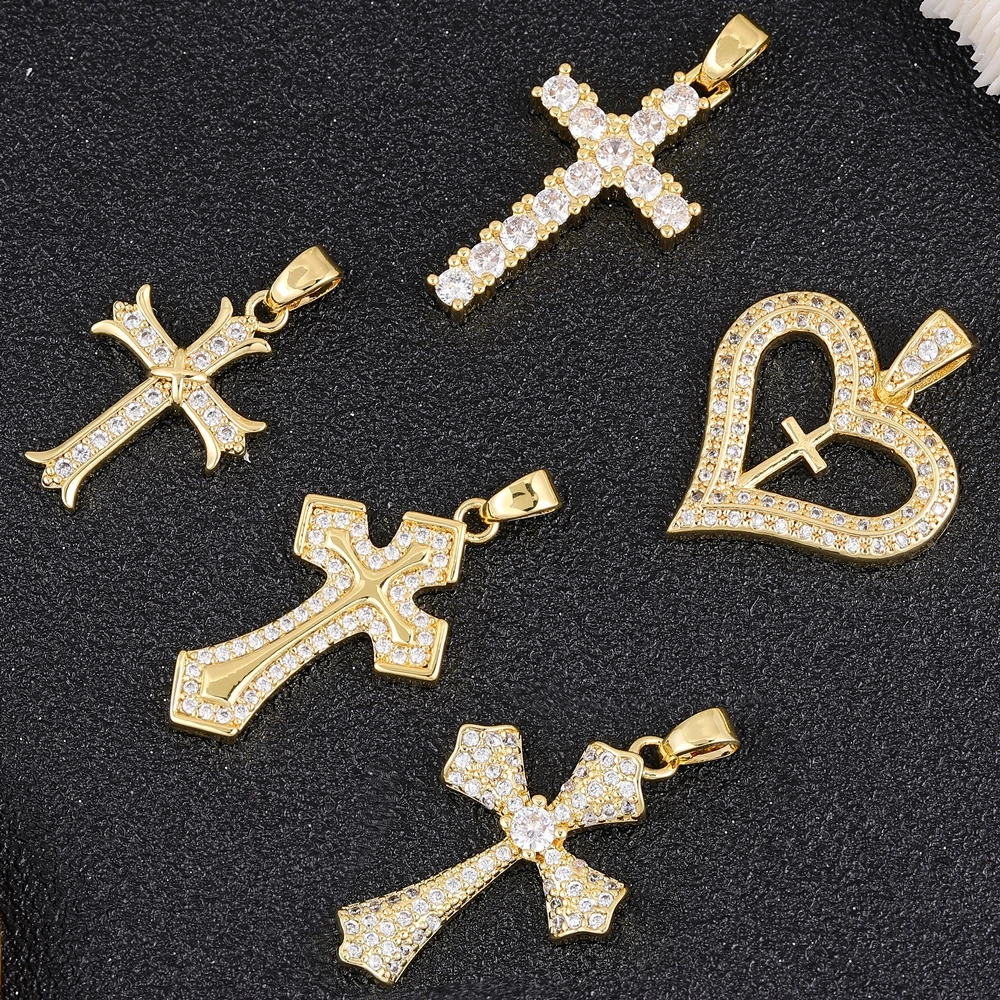 Juya DIY 18K 리얼 골드 도금 큐빅 지르코니아 카톨릭 기독교 십자가 DIY 종교 묵주 부적 보석 만들기위한 매력