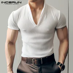 2024 Men's T Shirt V Neck Short Sleeve Striped Transparent Summer Casual Men Clothing Streetwear Fashion Tee Tops S-5XL INCERUN