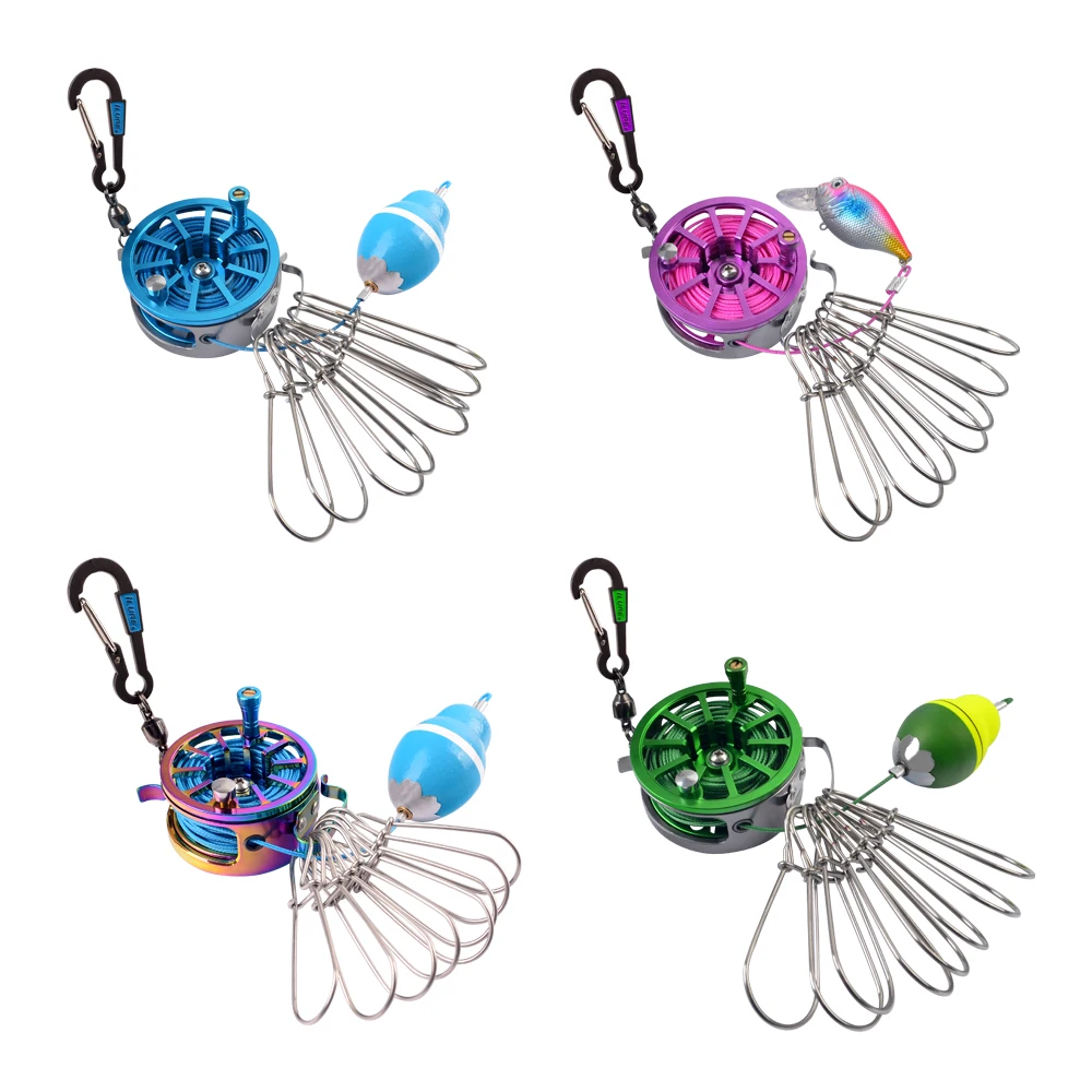 Tragbare Angel-Lock-Schnalle, lebende Fisch-Lock-Schnalle mit Rolle, Edelstahl, 8 Druckknöpfe, Stringer-Schwimmer, Angelrolle, Meeresgerät