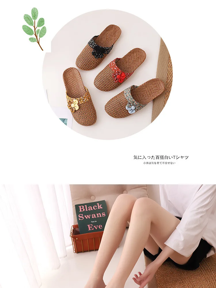 2022 New Linen Slippers Women Summer Bamboo Mats Home Slippers Wooden Floor Shoes Women Eva Soft Sole Beach Slippers Shoes Women