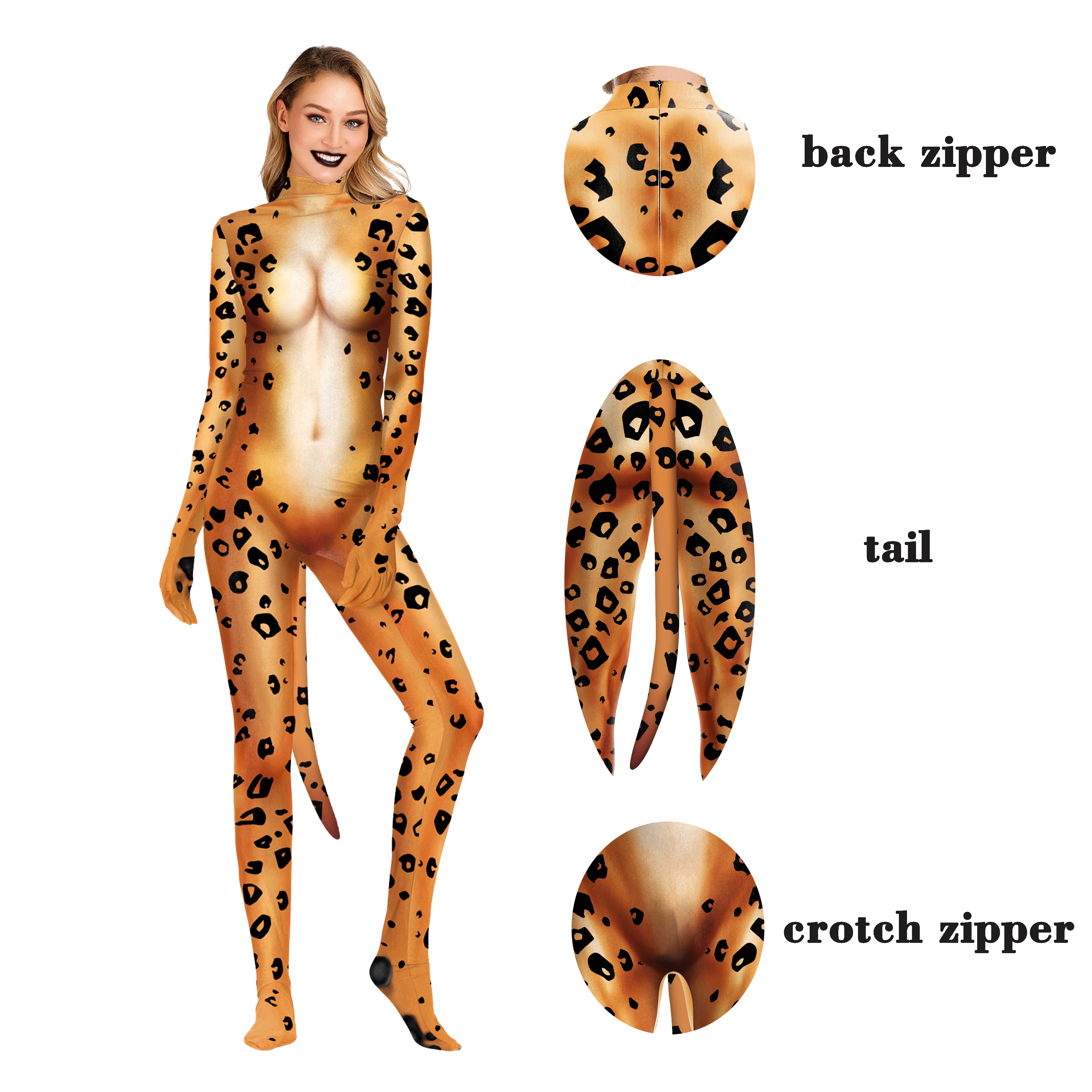 thumbnail image 1 of Traje de gato con estampado 3D de leopardo de Zawaland, disfraz de lobo para fiesta de Halloween, mono Zentai unisex con cola, traje de bondage, 1 of 5