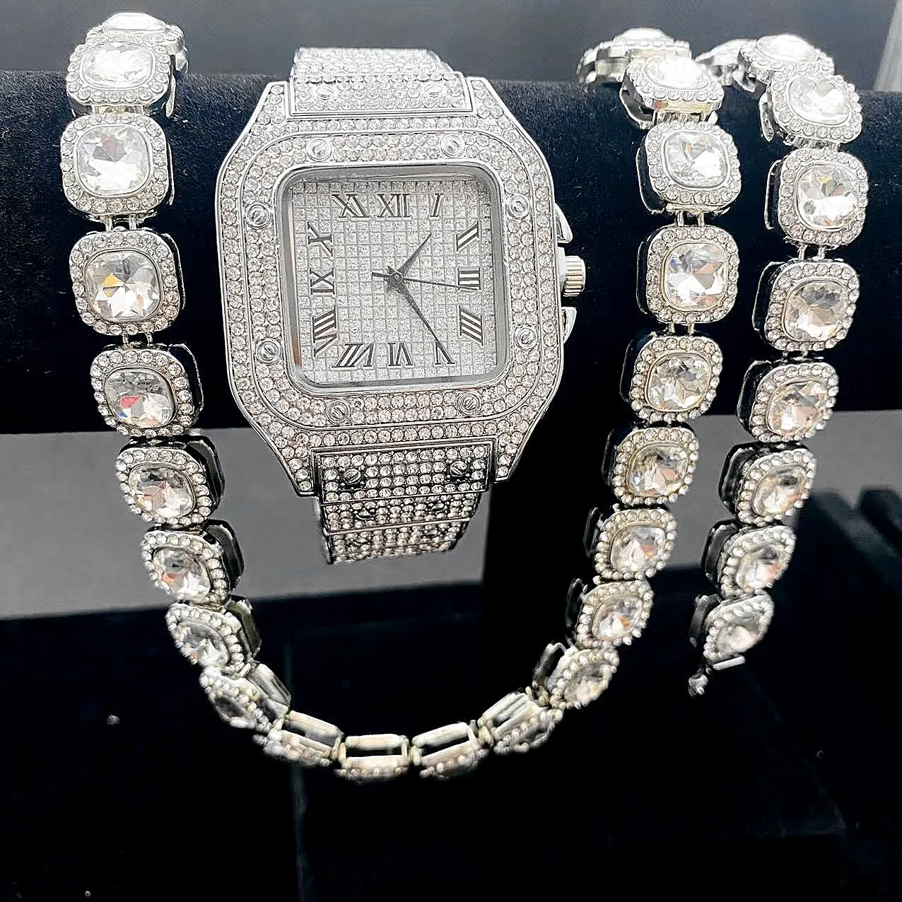 3PCS Hip Hop Iced Out Watch Bracelet Men's ChainTennis Full Miami Curb Cuban Chains Bling Rapper Necklaces for Men Jewelry Gift